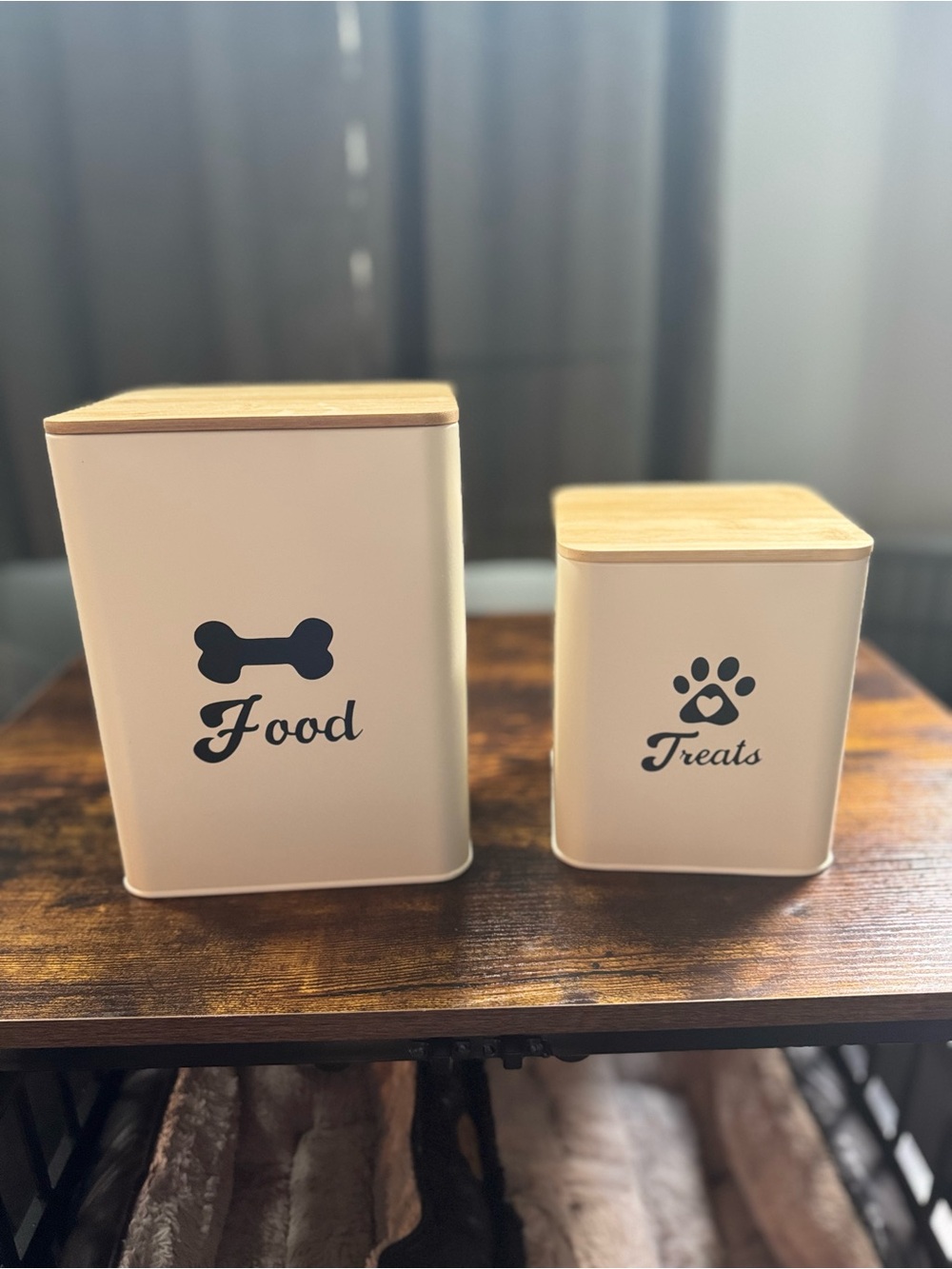 Dog Food & Treat Canister Set – Cream with Wood Lids